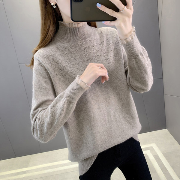 Moodne kõrge krae ja tülliga naiste kampsun