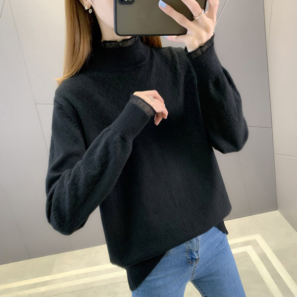 Moodne kõrge krae ja tülliga naiste kampsun