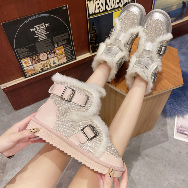 Модерни дамски боти с камъни и топла подплата-три цвята