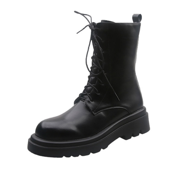 Стилни дамски кожени боти с връзки заоблен модел