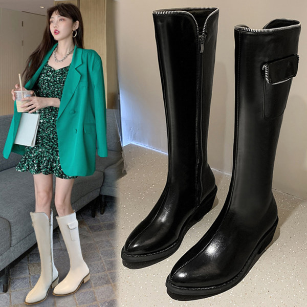 Дамски заоблени ботуши от еко кожа с дебел квадратен ток 5см