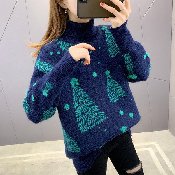 Női téli pulóver pólógallérral és karácsonyi motívummal