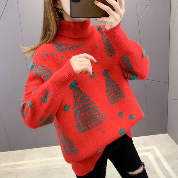 Női téli pulóver pólógallérral és karácsonyi motívummal