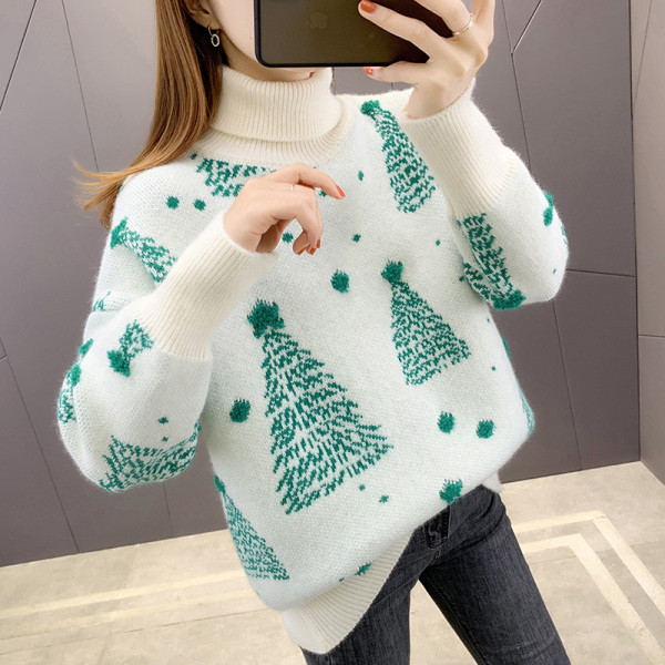 Női téli pulóver pólógallérral és karácsonyi motívummal