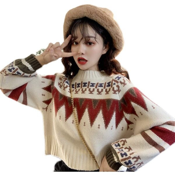 Γυναικείο κοντό πουλόβερ με έγχρωμη στάμπα