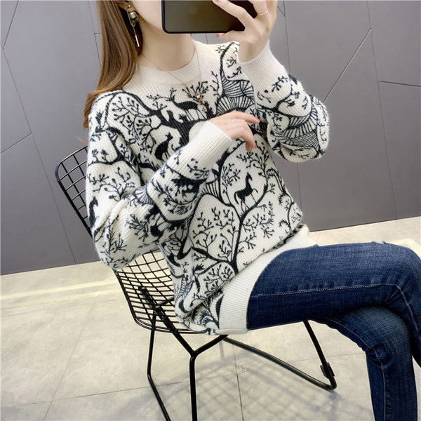 Női pulóver O-nyakkal és rátéttel