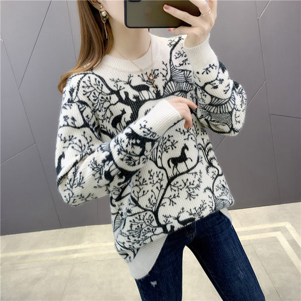 Női pulóver O-nyakkal és rátéttel