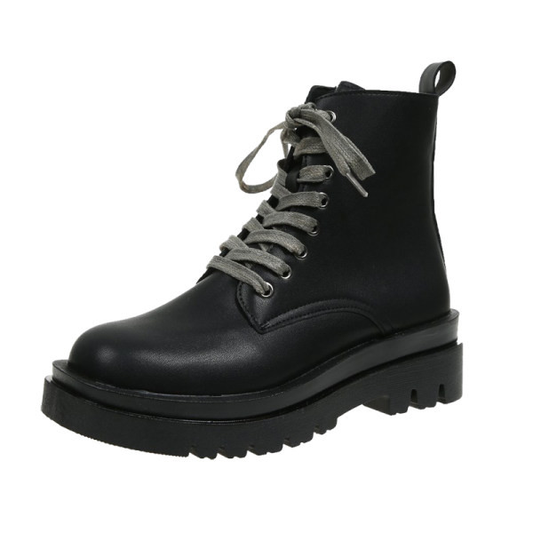 Alkalmi női csizma fekete műbőrből, fűzővel és cipzárral