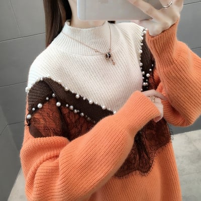 Γυναικείο μοντέρνο πουλόβερ με πέρλες σε τρία χρώματα