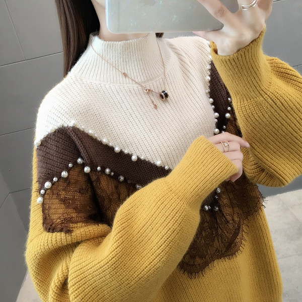 Modern női pulóver gyöngyökkel, három színben