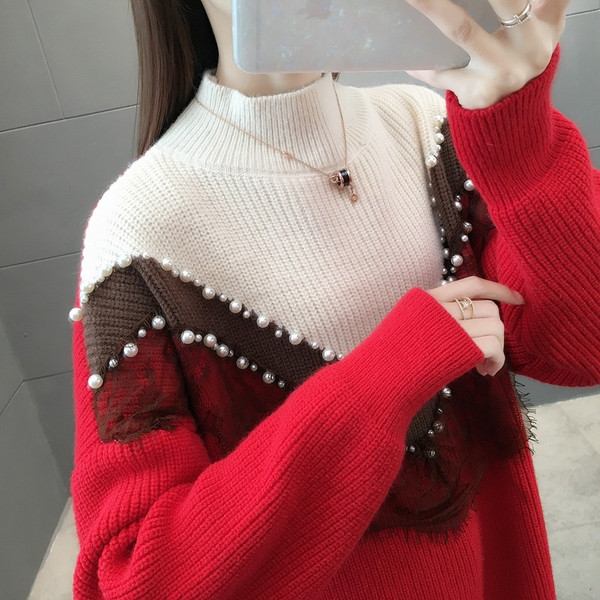 Modern női pulóver gyöngyökkel, három színben