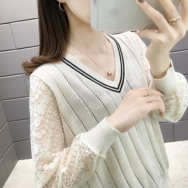 Női alkalmi pulóver V-nyakkal és csipkeujjakkal