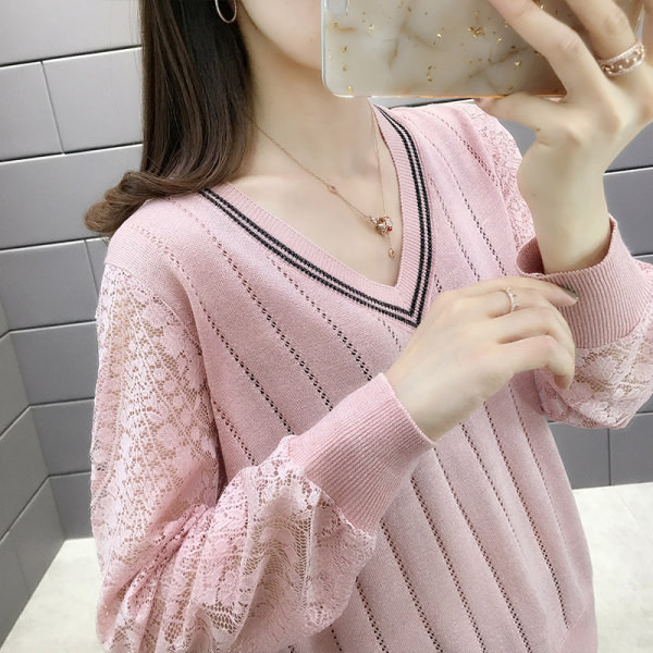 Női alkalmi pulóver V-nyakkal és csipkeujjakkal