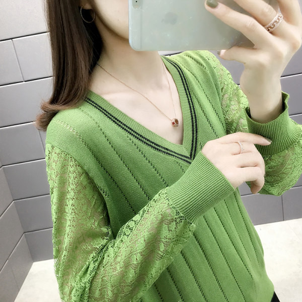 Női alkalmi pulóver V-nyakkal és csipkeujjakkal