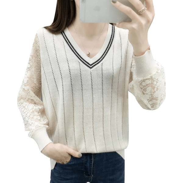 Női alkalmi pulóver V-nyakkal és csipkeujjakkal