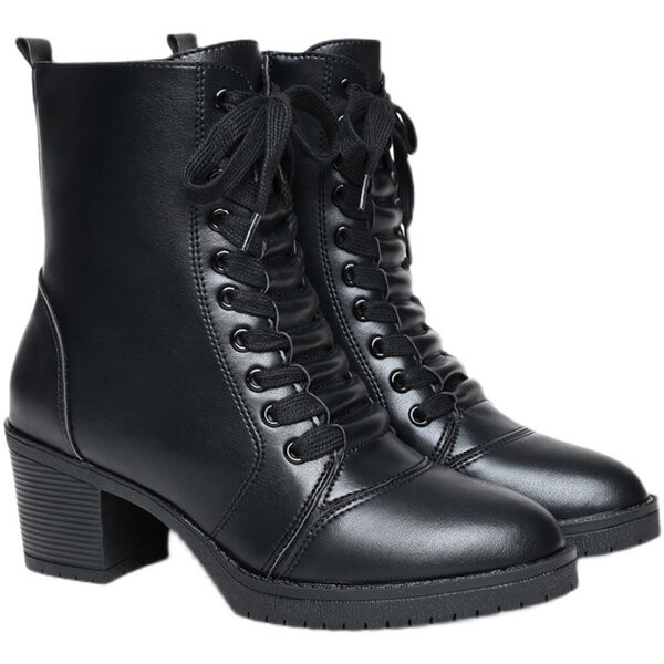 Női őszi-téli csizma vastag, négyzet alakú sarokkal és fűzővel