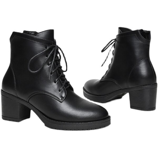 Öko bőrből készült női csizma vastag sarkú 6 cm-es cipzárral és fűzővel