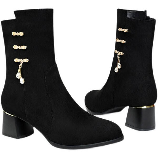 Női lekerekített velúr csizma vastag, négyzet alakú sarokkal