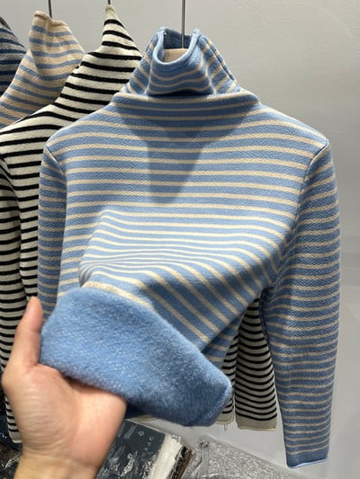 Γυναικείο ζεστό ριγέ πουλόβερ με ψηλό γιακά