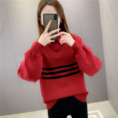 Modern női csíkos pulóver klasszikus gallérral