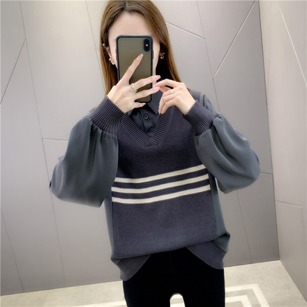 Modern női csíkos pulóver klasszikus gallérral