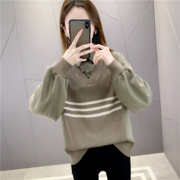 Modern női csíkos pulóver klasszikus gallérral