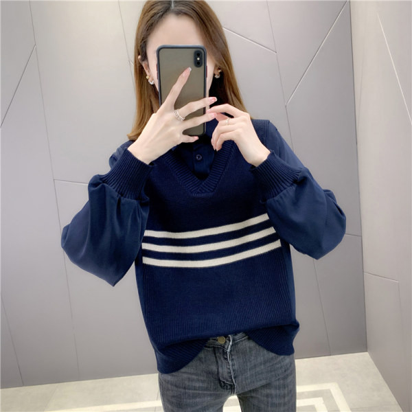 Modern női csíkos pulóver klasszikus gallérral