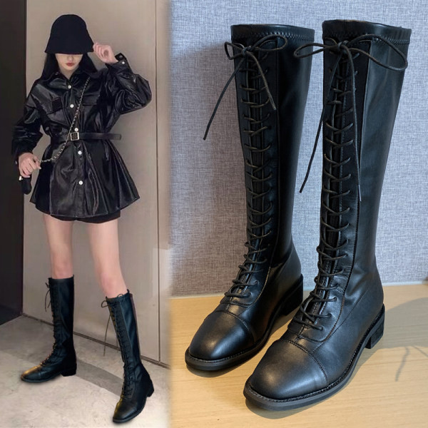 Női térdig érő csizma fűzős - retro stílusú