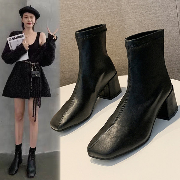 Öko bőrből készült női csizma vastag, négyzet alakú sarokkal 6 cm