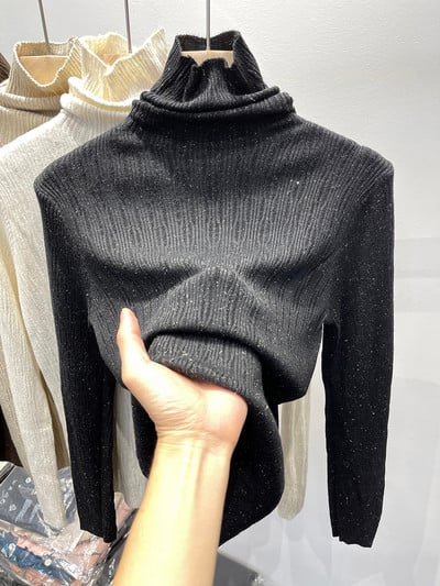 Μοντέρνο γυναικείο πουλόβερ με λαμπερά σωματίδια και ψηλό γιακά
