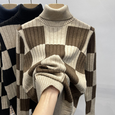 Μοντέρνο γυναικείο καρό πουλόβερ με πόλο τζάκετ