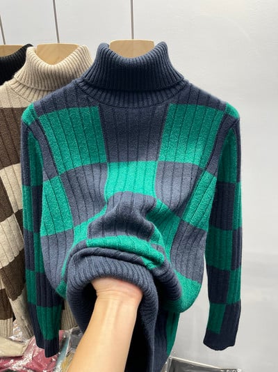 Μοντέρνο γυναικείο καρό πουλόβερ με πόλο τζάκετ