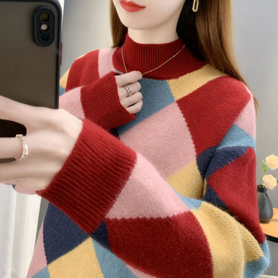 Πολύχρωμο γυναικείο πουλόβερ με χαμηλό γιακά