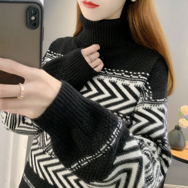 Γυναικείο χειμωνιάτικο πουλόβερ με ψηλό γιακά και κέντημα