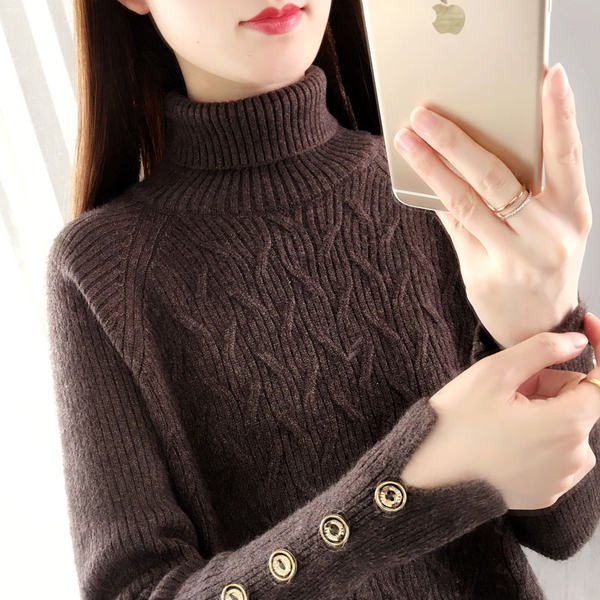 Casual γυναικείο πουλόβερ με ψηλό γιακά πόλο και κουμπιά