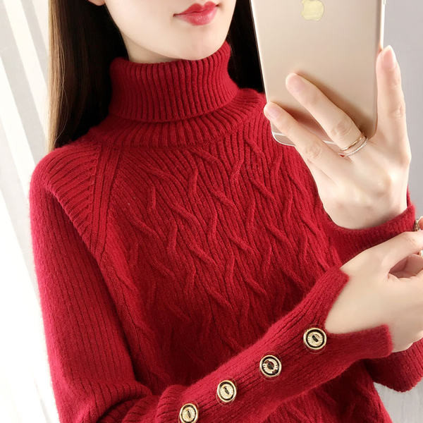 Casual γυναικείο πουλόβερ με ψηλό γιακά πόλο και κουμπιά