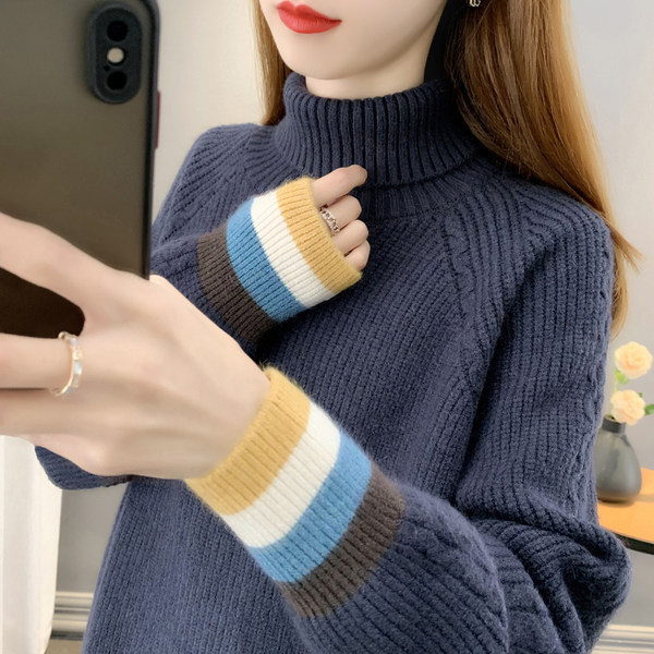 Naiste stiilne kootud kampsun kõrge kraega laia mudeliga