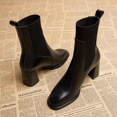 Naiste nahast saapad paksu kandilise kontsaga 7 cm